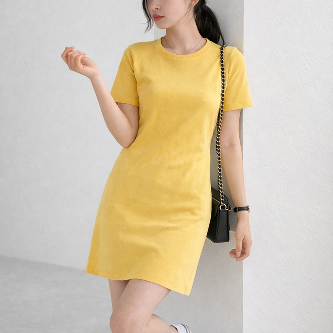 Lalaon 簡約圓領短袖迷你連身裙 TSP1709 含大尺碼, 黃色