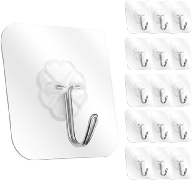 디오셀 무타공 접착식 벽걸이 후크, 투명, 16개