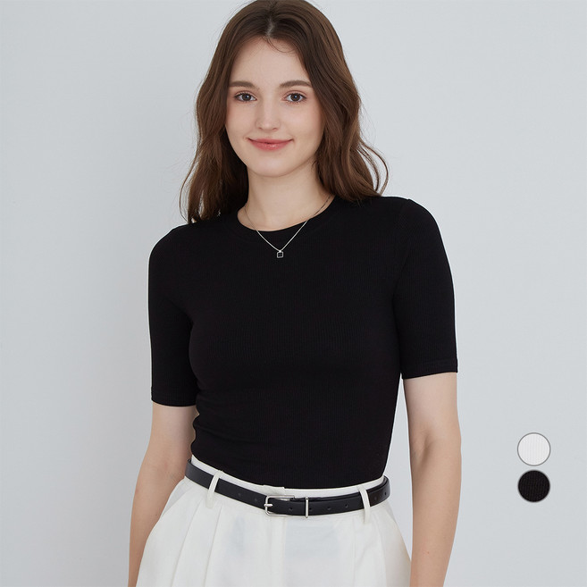 ELLE PARIS 여성용 라운드넥 립 반팔 티셔츠