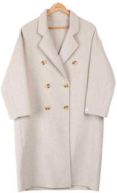 빼빼 여성용 오버핏 더블 버튼 핸드메이드 모직 롱 코트