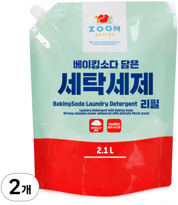 줌 베이직 베이킹소다 담은 액체 세탁세제, 2.1L, 2개