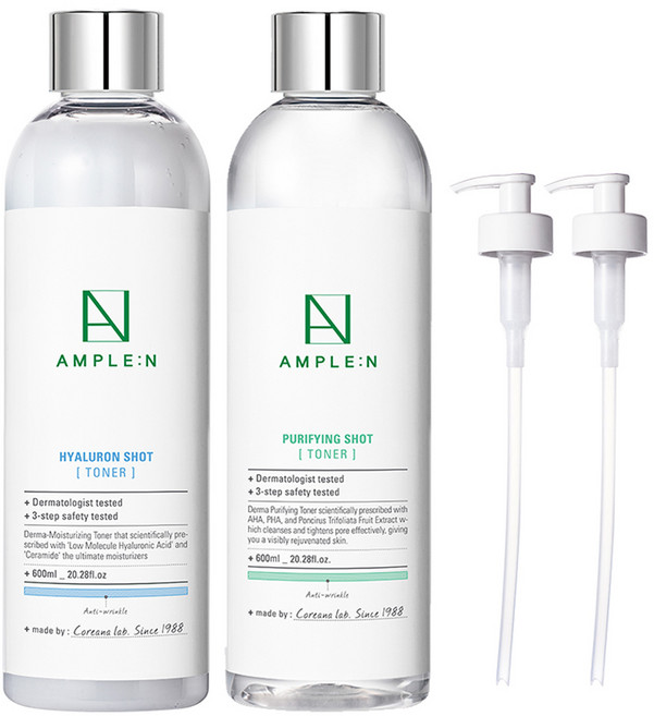 코리아나 앰플엔 히알루론샷 토너 대용량 600ml + 퓨리파잉샷 토너 대용량 600ml + 토너 펌프, 1개