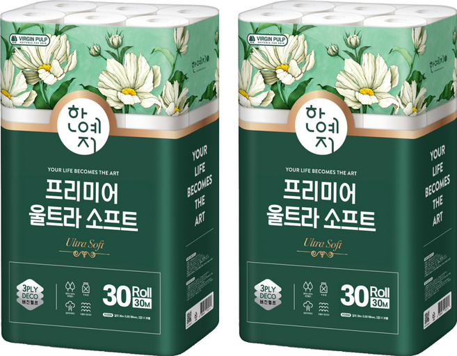 한예지 3겹 프리미어 울트라 소프트 천연펄프 화장지, 30m, 30롤, 2개