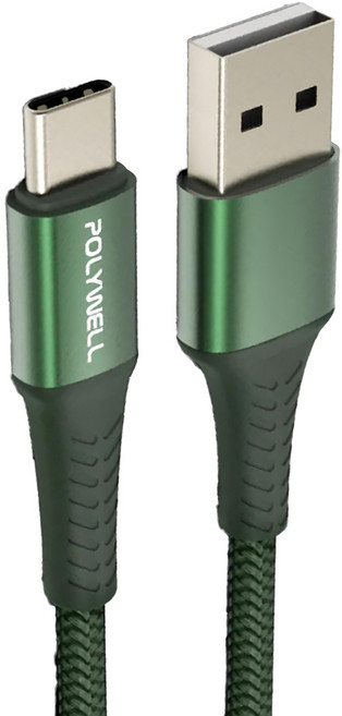 POLYWELL 寶利威爾 USB To Type-C 編織充電線 適用安卓手機 行動電源 PW15-W45-A348, 綠色, 1條, 1m