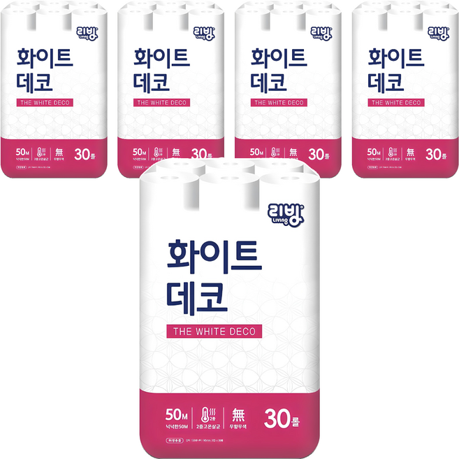 리빙티슈 2겹 화이트데코 일반롤화장지, 50m, 30개입, 5개