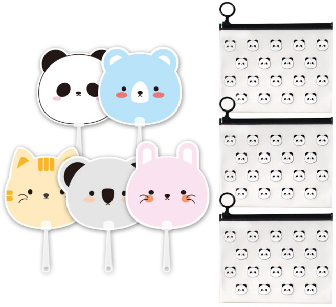 애니멀 프랜즈 부채 5p + 애니멀 지퍼백 스몰 3p 세트, 팬더(지퍼백), 랜덤발송(부채), 1세트