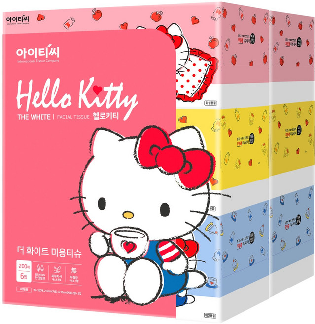 헬로키티 THE WHITE 천연펄프 미용티슈 2겹, 200매, 6개