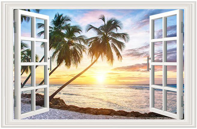 WA. WALL ART 防水PVC 無痕設計壁貼 FX82048, 窗框/假窗/海灘/夕陽