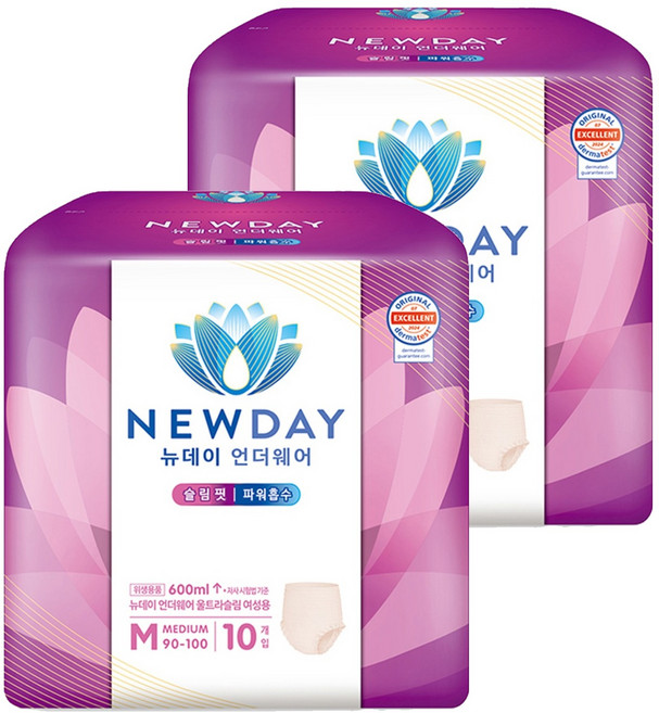 뉴데이 여성용 언더웨어 울트라슬림 성인기저귀, 중형, 10매입, 2세트