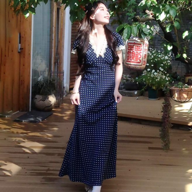 피어니스트 레이스 도트 브이 반팔 롱 원피스