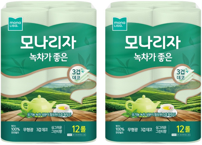 모나리자 녹차가 좋은 천연펄프 3겹 고급롤화장지, 30m, 12롤, 2개