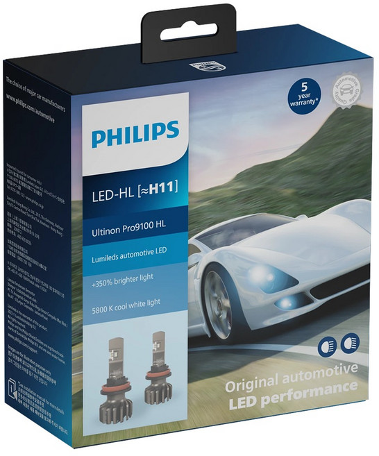 PHILIPS 飛利浦 台灣公司貨 Ultinon Pro9100 全新亮鑽光LED頭燈第二代2入組 5800K+350%, 1套, H11