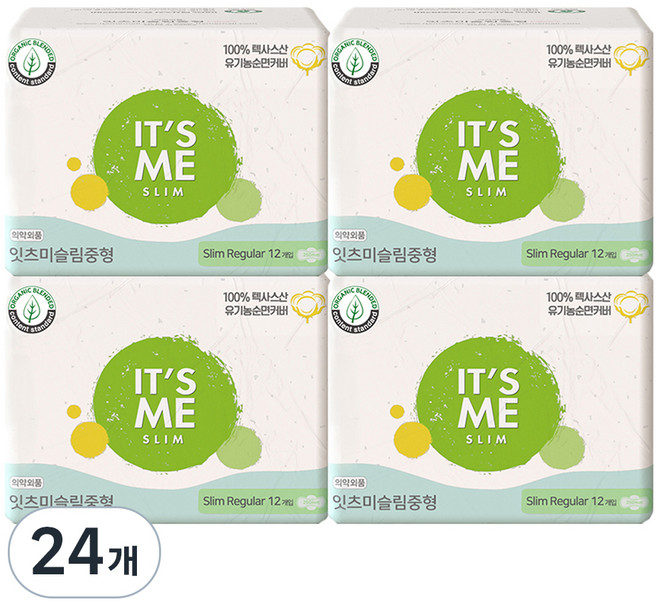 잇츠미 유기농 순면커버 슬림 생리대 날개형, 중형, 12개입, 24개
