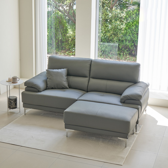 레이디가구 끌레망 천연소가죽 면피 3인용 소파 + 스툴 세트 방문설치, 미스티블루