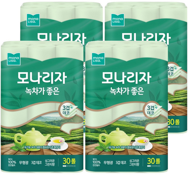 모나리자 녹차가 좋은 천연펄프 3겹 고급롤화장지, 30m, 30롤, 4개