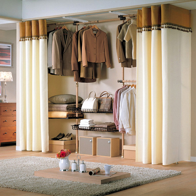 가화홈시스 우드 4단 패브릭 드레스룸 커튼 행거, A-브라운