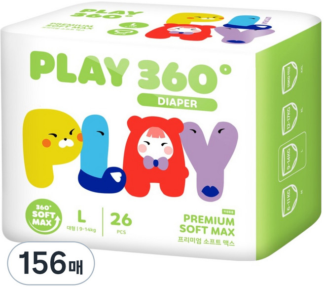 한예지 PLAY 360도 프리미엄 팬티기저귀, 156매, 대형(L)