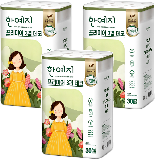 한예지 프리미어 3겹 데코 롤화장지 천연펄프, 30m, 30롤, 3개