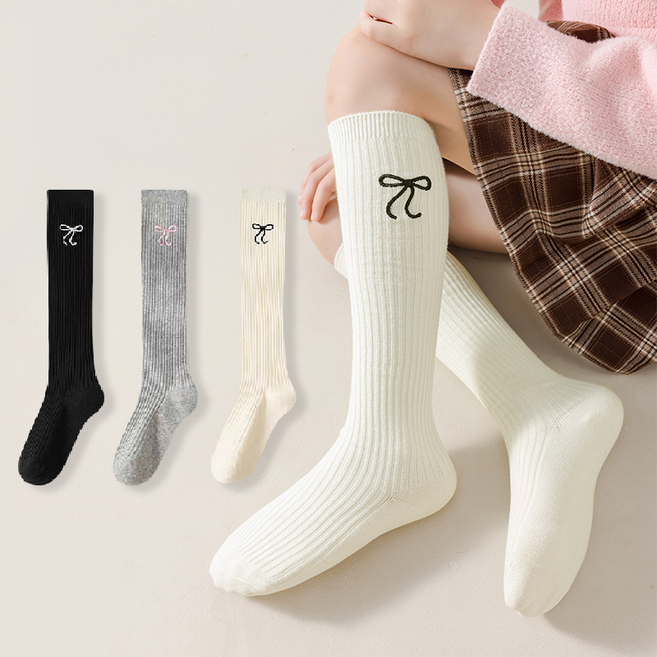 Si Ner socks 兒童經典刺繡蝴蝶結及膝襪3雙組