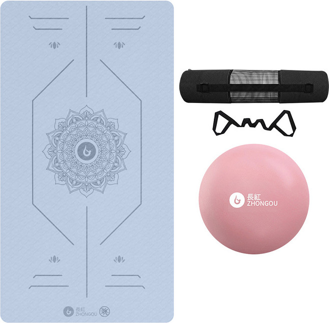 ZHONGOU 長紅 TPE加厚款正位線防滑雙色瑜珈墊 XFE-TP88 附綁帶+背袋+拉力繩或拍拍球(顏色款式隨機), 藍色, 1組