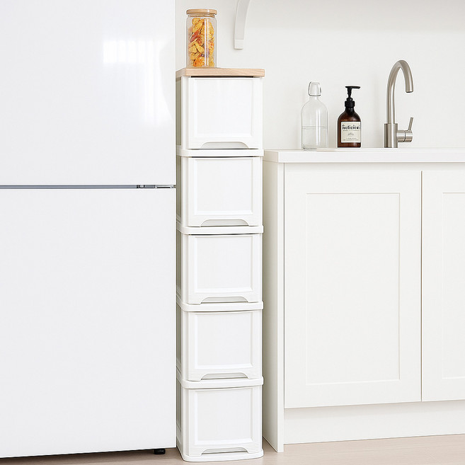 보노하우스 국내 제조 어반 우드상판 슬림 서랍장, 화이트, 5단