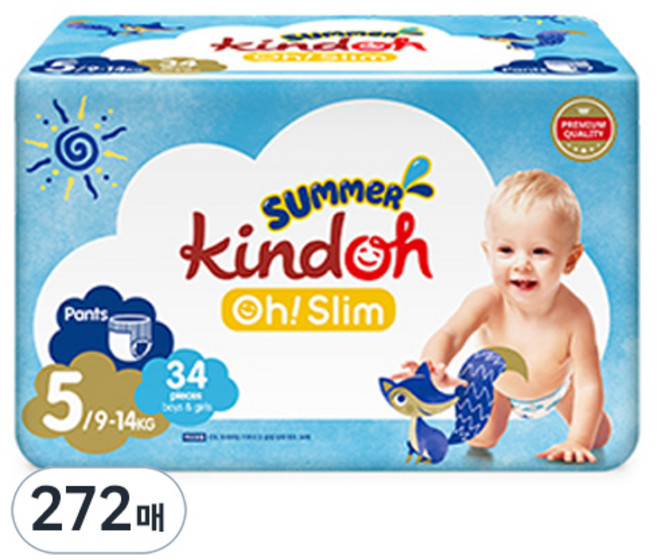 킨도 프리미엄 오 슬림 썸머팬츠 팬티형 기저귀 남여공용, 5단계, 272매