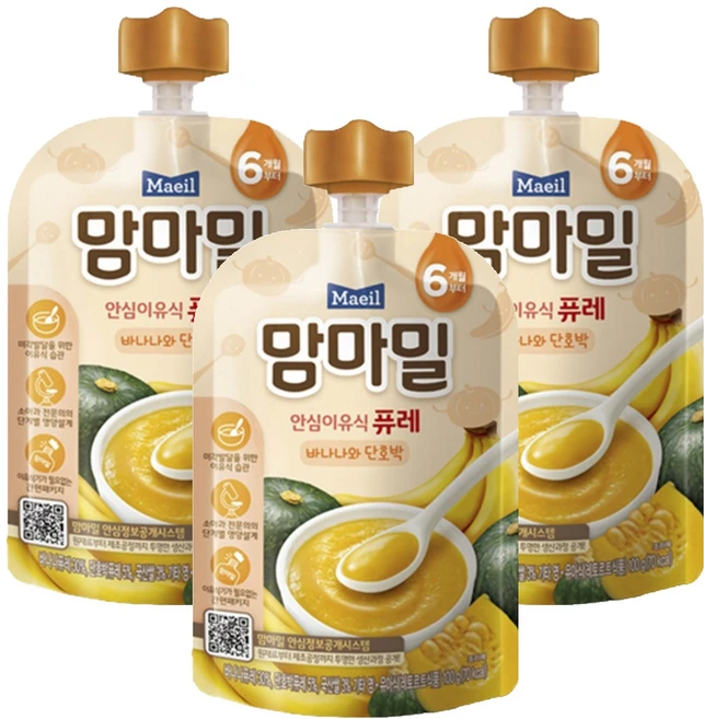 맘마밀 안심 이유식 퓨레 6개월부터, 100g, 3개, 바나나와 단호박 - 쿠팡