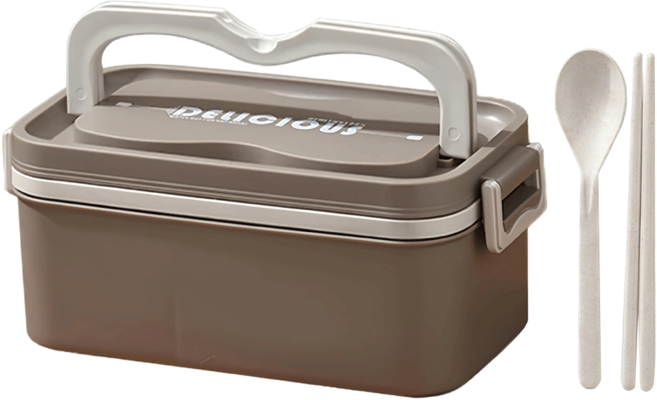 Cooksy 可微波加熱單層保溫飯盒/不銹鋼便當盒 附餐具組 19 x 9 x 9cm, 深咖色, 1個