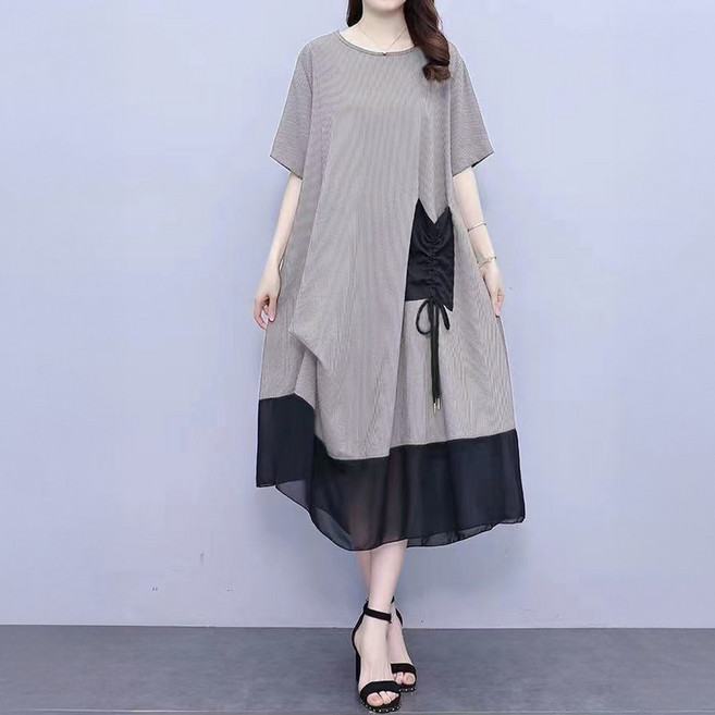 ATTERLIC 抓皺口袋雪紡疊穿大尺碼長版連身裙 10204, 灰色