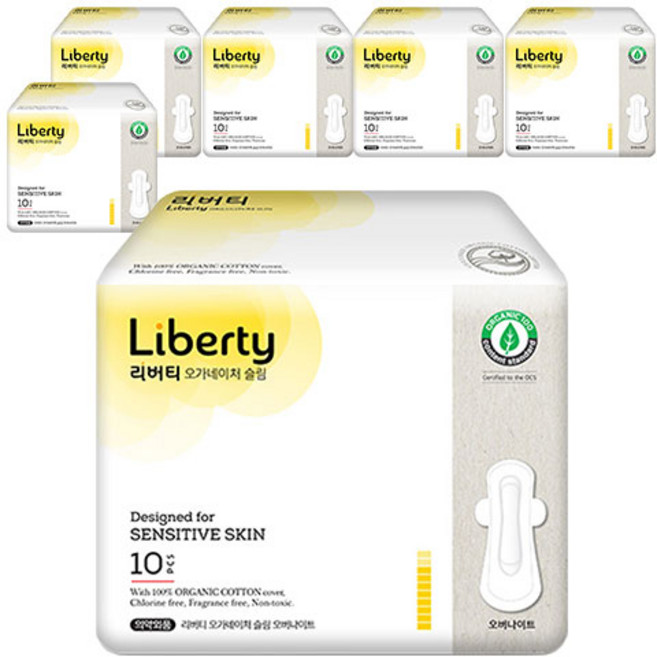 리버티오가네이처 유기농 순면커버 슬림 생리대 날개형, 오버나이트, 10개입, 6개