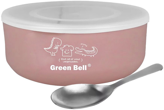 Green Bell 綠貝 兒童抗菌不鏽鋼碗組, 粉色, 1組, 碗 + 湯匙 + 蓋子
