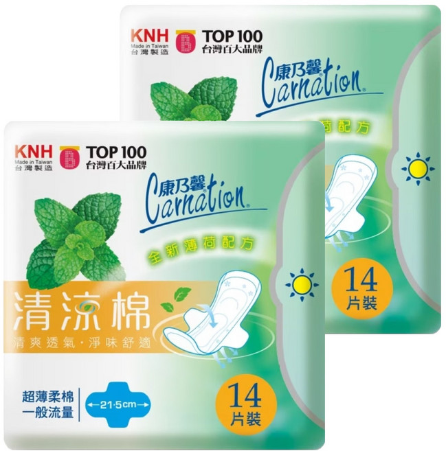 康乃馨 清涼棉衛生棉, 一般流量型 21.5cm, 14片, 2包