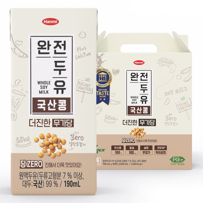 한미 완전두유 더진한 국산콩 무가당, 190ml, 16개