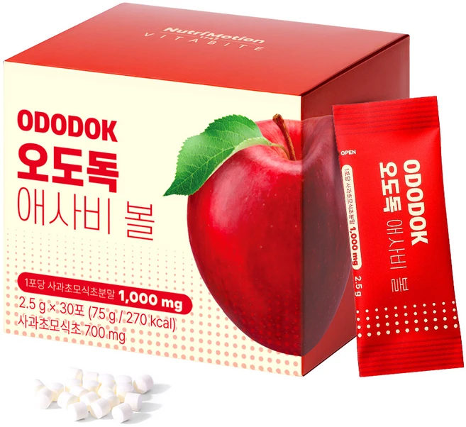 뉴트리모션 비타바이트 오도독 애사비볼 애플사이다비니거 사과초모식초 30p, 1개, 30회분 - 쿠팡