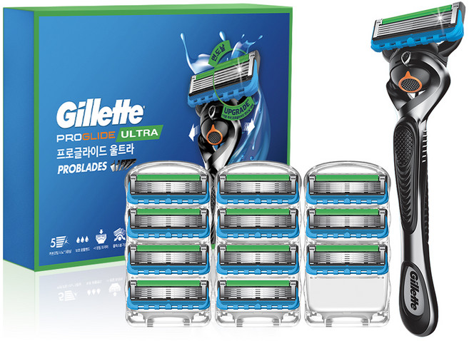 질레트 정품 프로글라이드 울트라 면도기 핸들 + 면도날 12p 세트, 1세트
