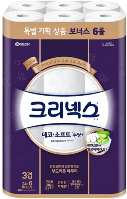 크리넥스 3겹 데코 앤 소프트 수딩 플러스 천연펄프 고급롤화장지, 25m, 30개입, 1개