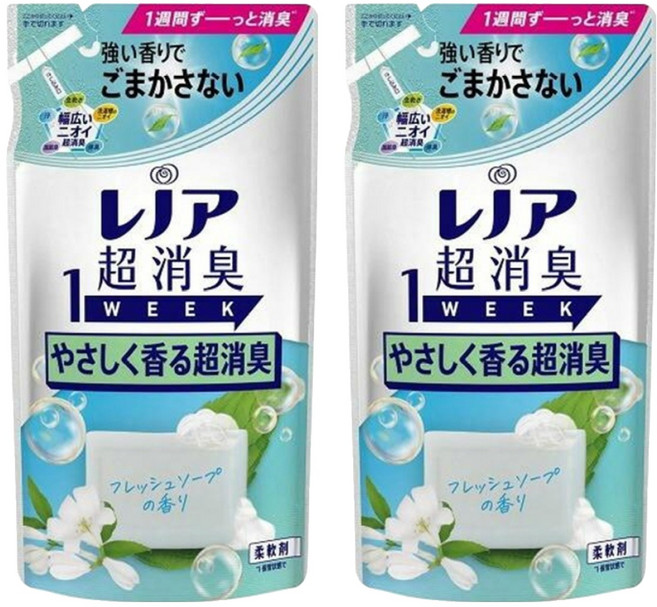 Lenor 蘭諾 日本原裝進口 1WEEK 超強除臭衣物柔軟精補充包 微香, 380ml, 2袋