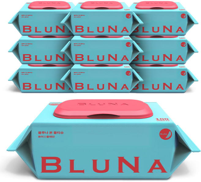 블루나 본 퓨어 저자극 물티슈 캡형, 10개, 100매, 40g