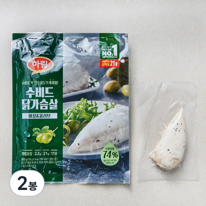하림 수비드 닭가슴살 바질&올리브, 100g, 6개입, 2개