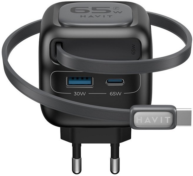 HAVIT PD 65W 내장 USB C타입 초고속 충전기 릴케이블 UC253, 1개, 블랙