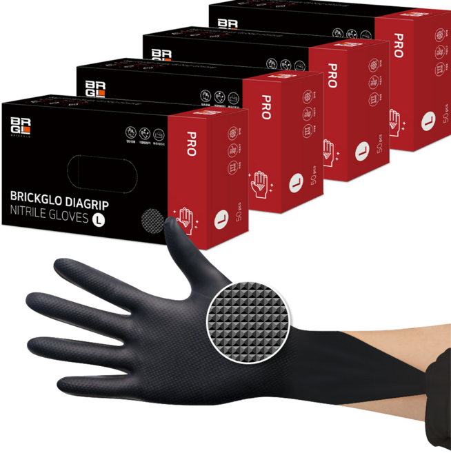 브릭글로 다이아그립 프로 니트릴 장갑 50p, 블랙, L, 4개