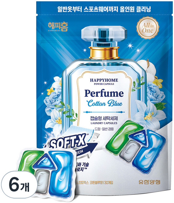 해피홈 파워캡슐 올인원 세제 소프트엑스 코튼블루, 30개입, 6개