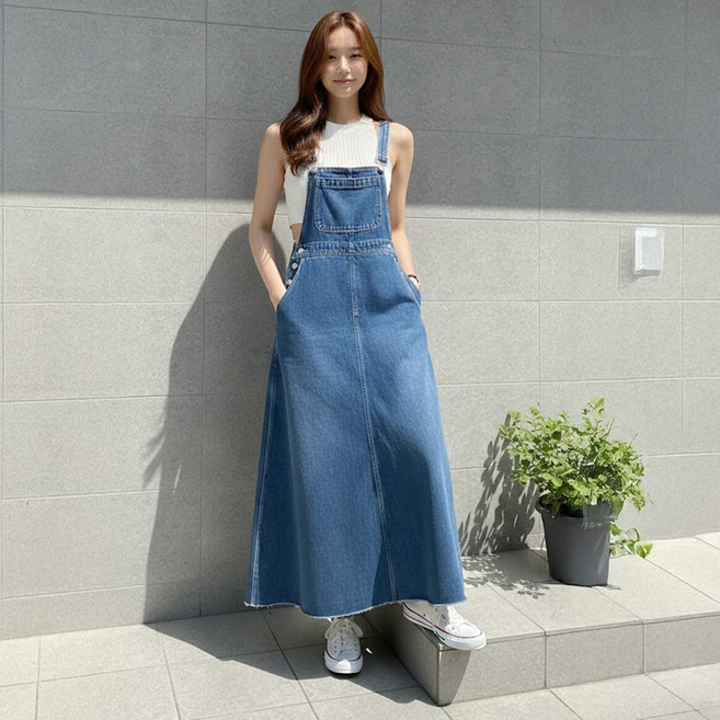 MEICHEL Soran 大尺碼寬鬆版型丹寧長版吊帶裙 12473, 藍色