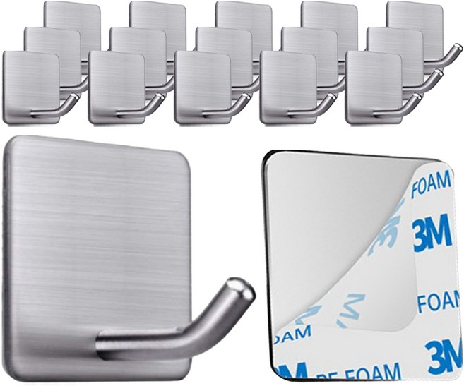 더깔끔 스테인리스 접착식 투명 매직후크, 실버, 16개