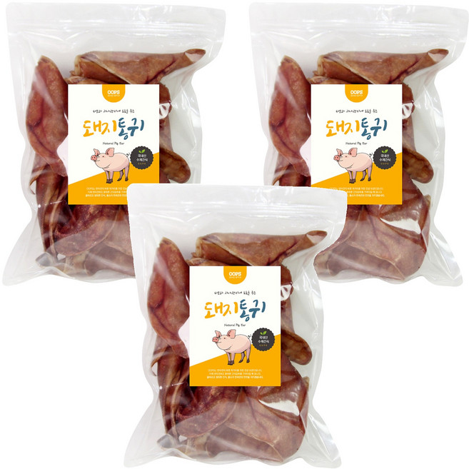 웁스 강아지 국내산 간식, 돼지 통귀, 500g, 3개