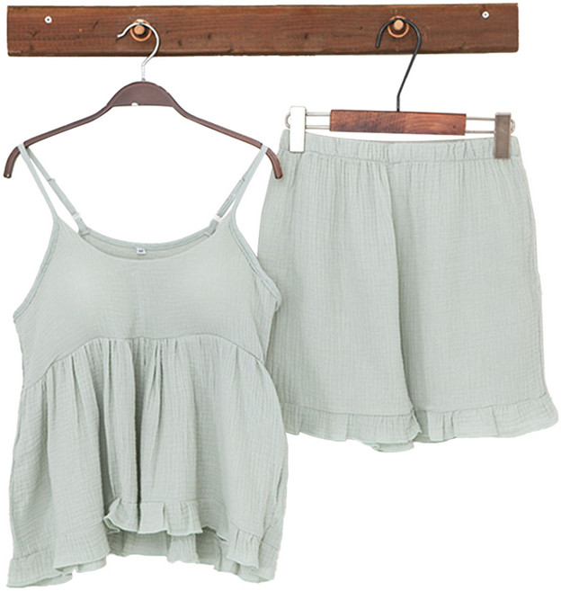 GLAM GONGGAM 女款透氣泡芙荷葉邊附胸墊細肩帶兩件式棉質睡衣套裝