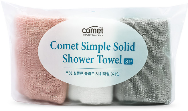 코멧 심플한 솔리드 샤워타올 3종 세트, 그레이, 핑크, 아이보리, 1세트