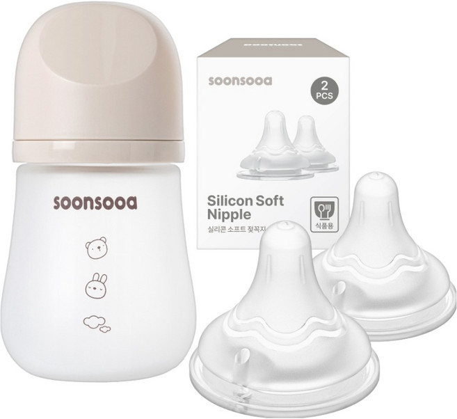 순수아 유리젖병 + 실리콘 소프트 젖꼭지 SS 2p, 베이지, 1세트, 160ml