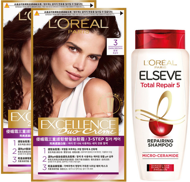 로레알파리 엑셀랑스 듀오크림 염색제 3호 2p + 샴푸 155ml 기획세트, 3호 흑갈색, 1개