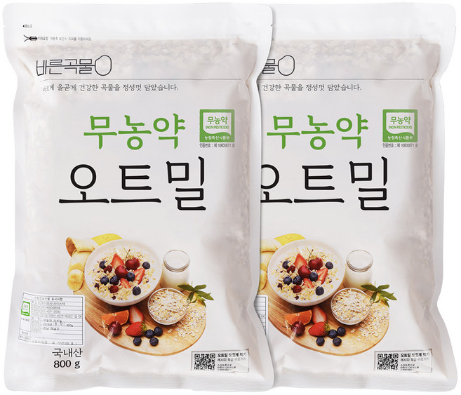 바른곡물 국내산 무농약 오트밀, 800g, 2개